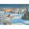 Winter scene featuring two vibrant cardinals perched on snow-dusted branches near a winding path leading to a warmly lit farmhouse, part of Toys, Books & Games and USA Made collections.