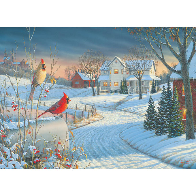 Winter scene featuring two vibrant cardinals perched on snow-dusted branches near a winding path leading to a warmly lit farmhouse, part of Toys, Books & Games and USA Made collections.