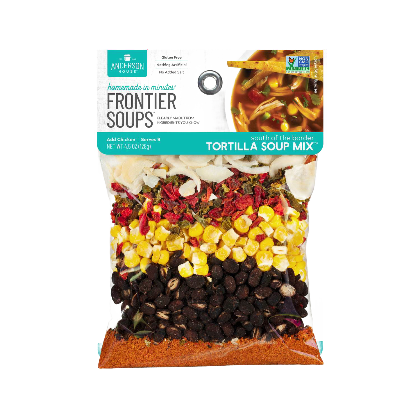Clear bag of handcrafted gluten-free tortilla soup mix with natural dried corn, black beans, peppers, and spices; included in Kitchen & Food, Pantry, Dry Goods and Mixes, Soups, Best Sellers, and Promo Eligible collections.