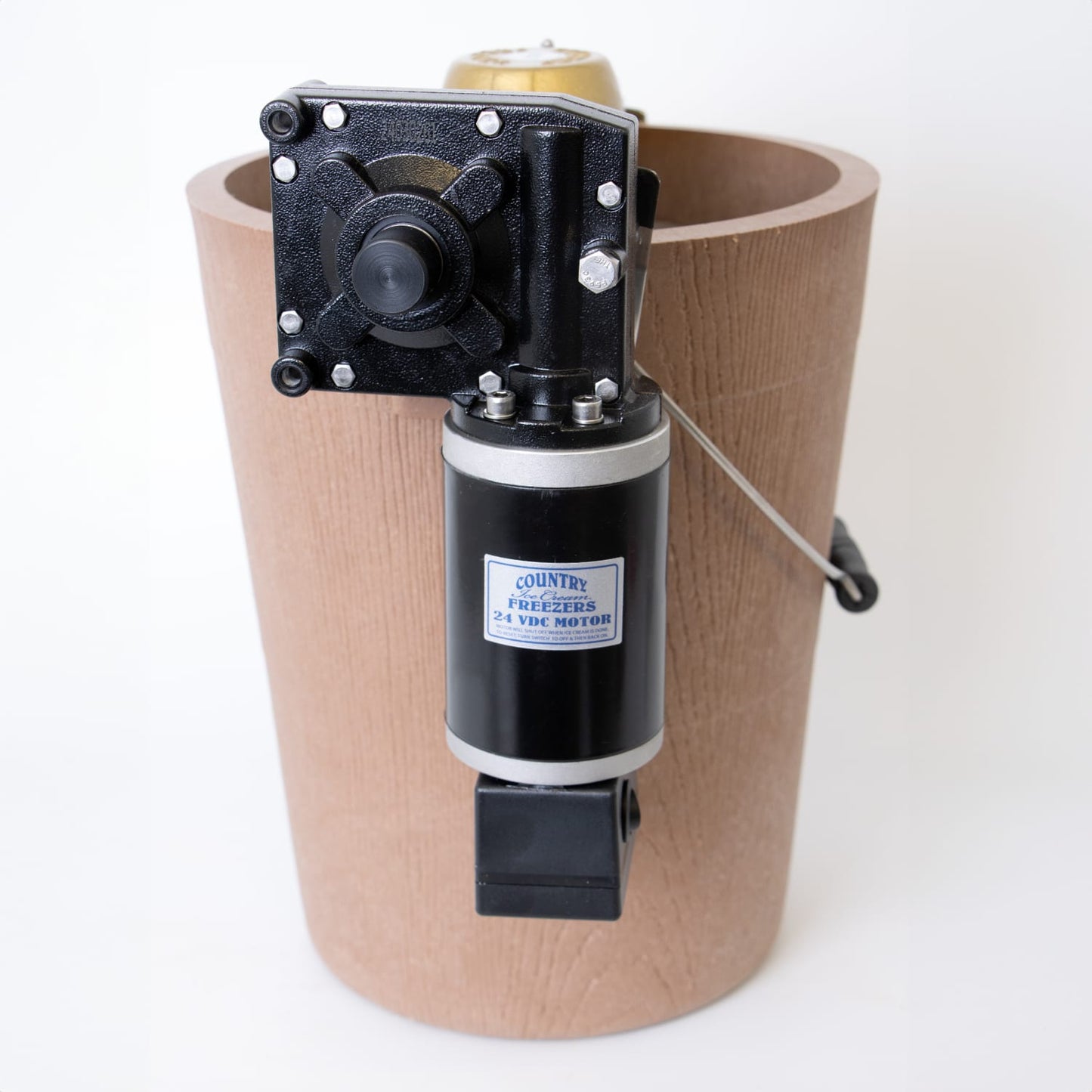 Handcrafted electric ice cream freezer motor mounted on a poly-insulated bucket, designed for effortless homemade ice cream in Kitchen & Food and Specialty Equipment collections.