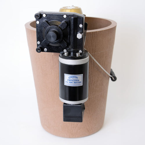 Handcrafted electric ice cream freezer motor mounted on a poly-insulated bucket, designed for effortless homemade ice cream in Kitchen & Food and Specialty Equipment collections.