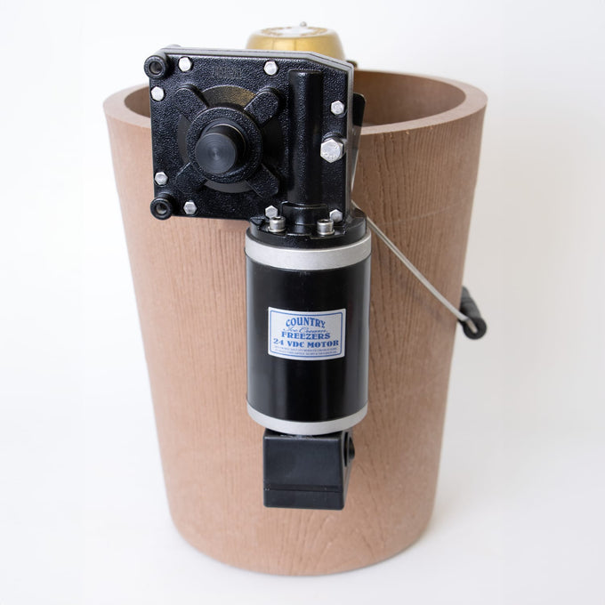 Handcrafted electric ice cream freezer motor mounted on a poly-insulated bucket, designed for effortless homemade ice cream in Kitchen & Food and Specialty Equipment collections.