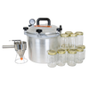 Handcrafted aluminum pressure canner with secure locking lid and pressure gauge, accompanied by glass jars with metal lids and a stainless steel funnel in Kitchen & Food and Food Preservation collections.