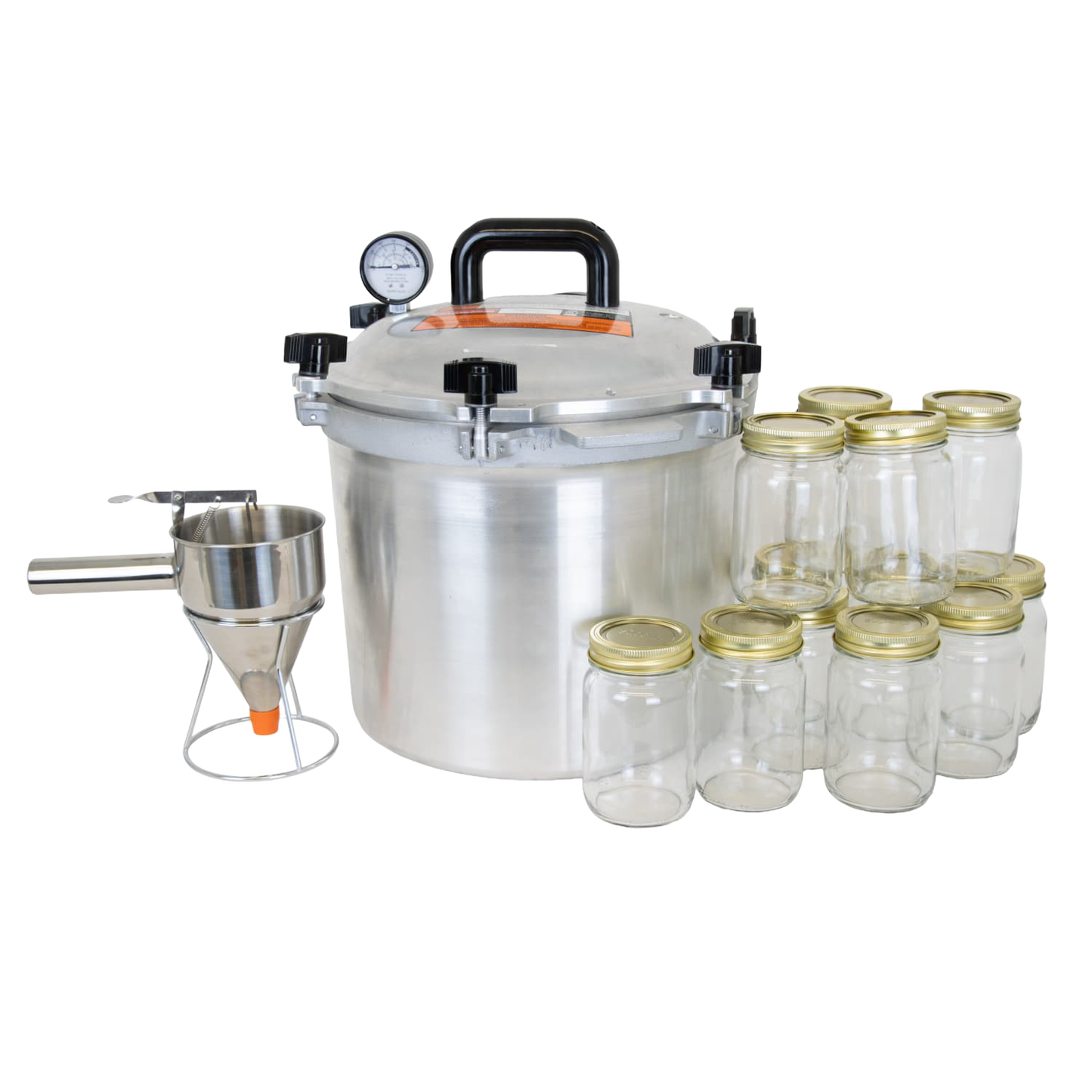Handcrafted aluminum pressure canner with secure locking lid and pressure gauge, accompanied by glass jars with metal lids and a stainless steel funnel in Kitchen & Food and Food Preservation collections.