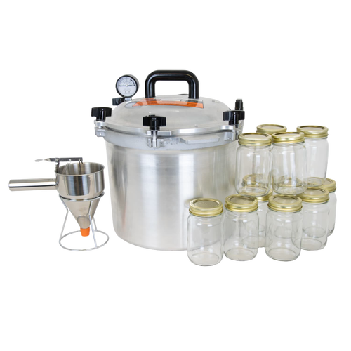 Handcrafted aluminum pressure canner with secure locking lid and pressure gauge, accompanied by glass jars with metal lids and a stainless steel funnel in Kitchen & Food and Food Preservation collections.