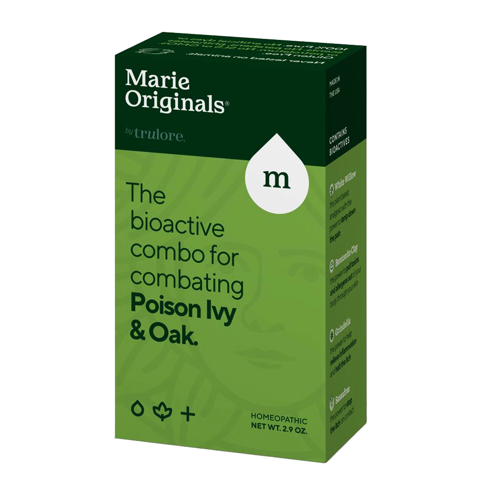 Green and dark green box packaging of a handcrafted, USA made bioactive homeopathic soap bar for soothing poison ivy and oak irritation, featured in health and personal hygiene collections.