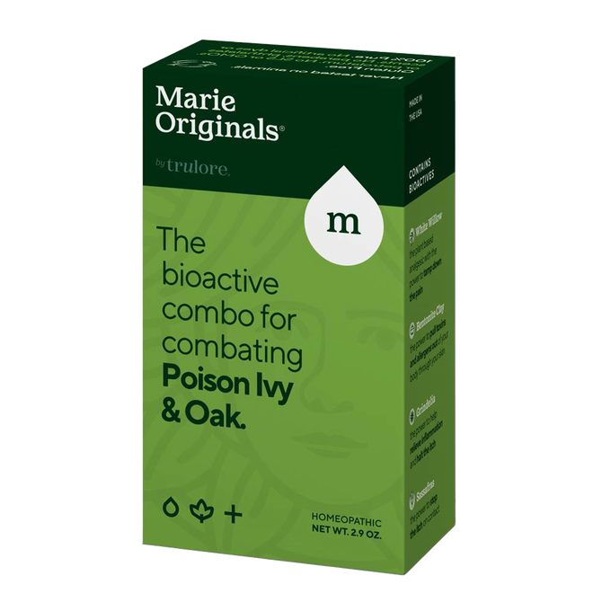 Green and dark green box packaging of a handcrafted, USA made bioactive homeopathic soap bar for soothing poison ivy and oak irritation, featured in health and personal hygiene collections.