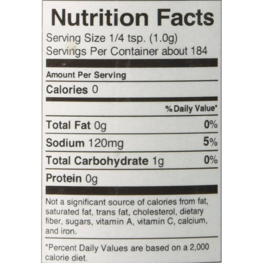 Nutrition facts label showing zero calories, zero total fat, 120mg sodium, 1g total carbohydrate, and zero protein per 1/4 teaspoon serving, suitable for Kitchen & Food and Pantry collections.