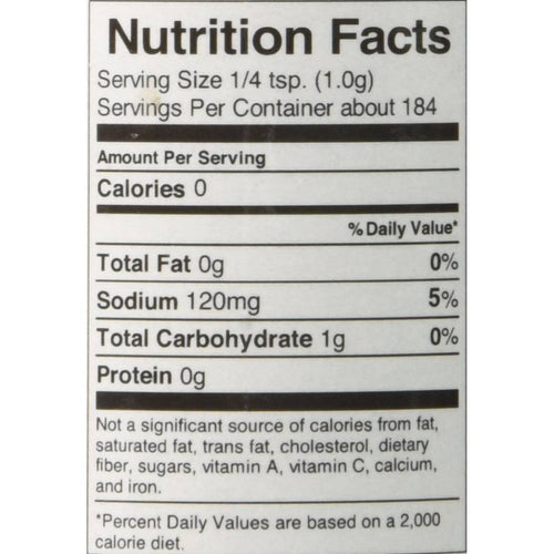 Nutrition facts label showing zero calories, zero total fat, 120mg sodium, 1g total carbohydrate, and zero protein per 1/4 teaspoon serving, suitable for Kitchen & Food and Pantry collections.