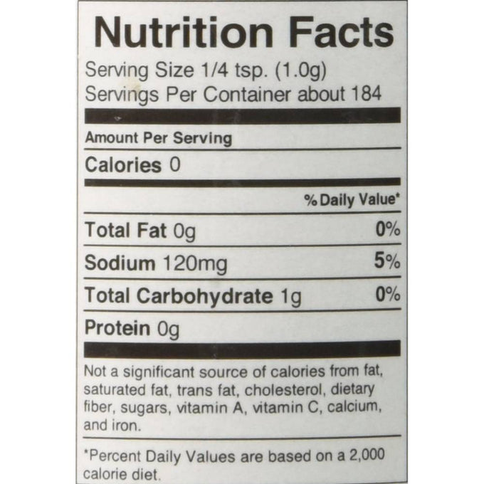 Nutrition facts label showing zero calories, zero total fat, 120mg sodium, 1g total carbohydrate, and zero protein per 1/4 teaspoon serving, suitable for Kitchen & Food and Pantry collections.