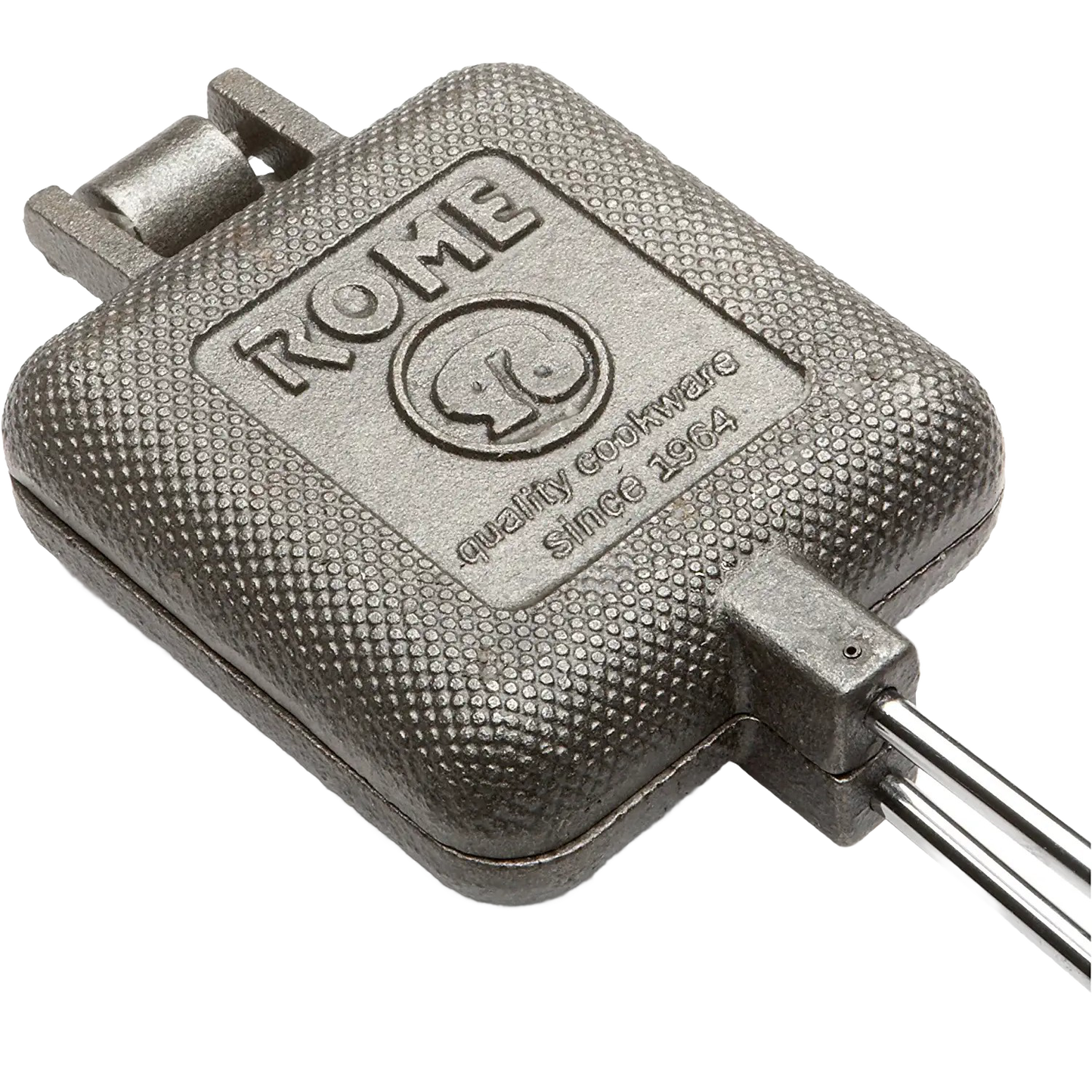 Square cast iron cooking iron with textured surface and metal handles with wood grips, designed for camping use and featured in Farm, Garden & Tool, Camping, Best Sellers, and Promo Eligible collections.