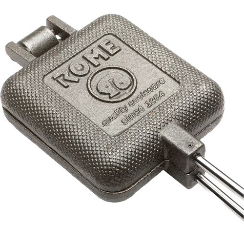 Square cast iron cooking iron with textured surface and metal handles with wood grips, designed for camping use and featured in Farm, Garden & Tool, Camping, Best Sellers, and Promo Eligible collections.