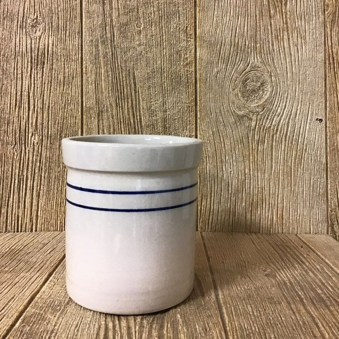 Handcrafted small stoneware crock with heritage-style double blue stripes, ideal for fermenting, food preservation, and rustic kitchen, home, and decor settings in the USA.