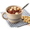 Handcrafted stoneware chili bowl with double blue stripes and handle, filled with chili and oyster crackers, sitting on a blue and white checkered cloth, ideal for Kitchen & Food, Dinnerware, USA Made, Best Sellers, and Promo Eligible collections.