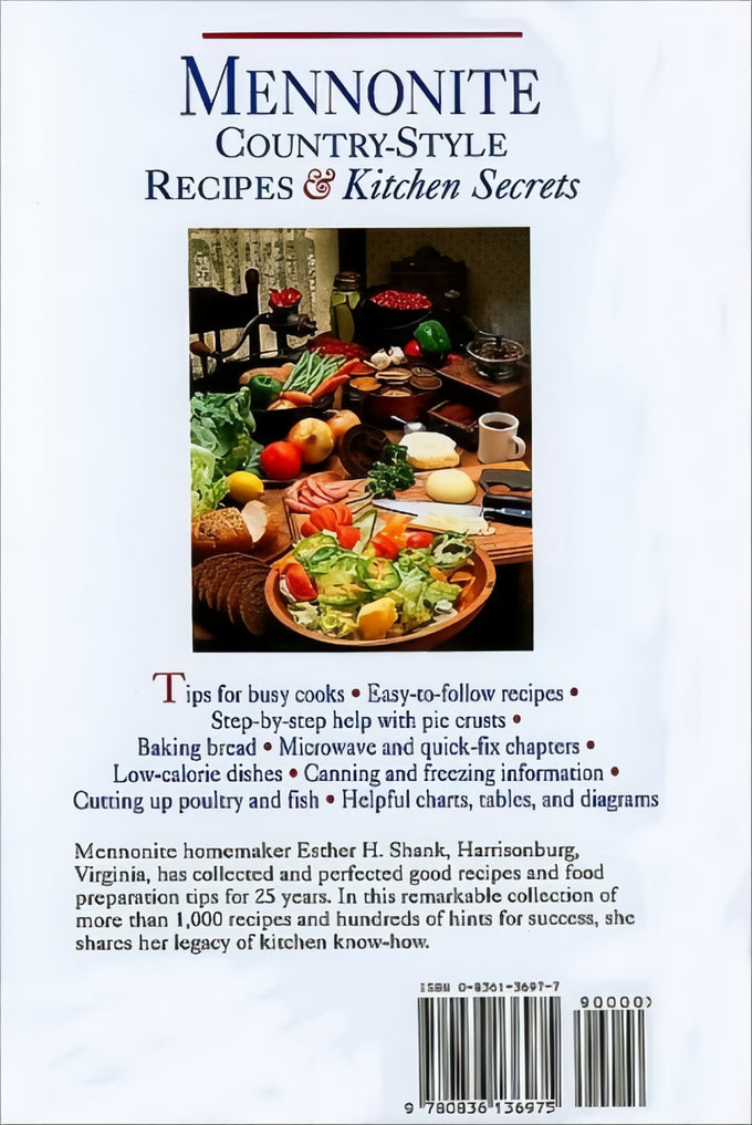 Back cover of a cookbook featuring a rustic kitchen scene with fresh vegetables, bread, and cooking ingredients, highlighting easy-to-follow recipes, canning tips, and kitchen secrets in collections like Toys, Books & Games and Cookbooks.