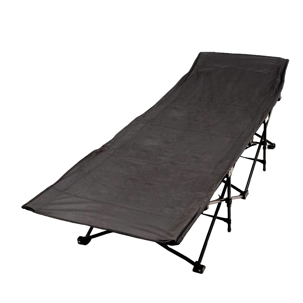 Durable collapsible camping cot with powder-coated 16mm steel frame and breathable 600 double polyester fabric, designed for portable comfort in outdoor and camping settings.