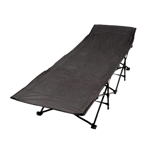 Durable collapsible camping cot with powder-coated 16mm steel frame and breathable 600 double polyester fabric, designed for portable comfort in outdoor and camping settings.