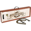 Wooden carrying case with branded lid and two premium forged steel horseshoes, designed for tossing games, made in USA and featured in Toys, Books & Games and Lawn Games collections.