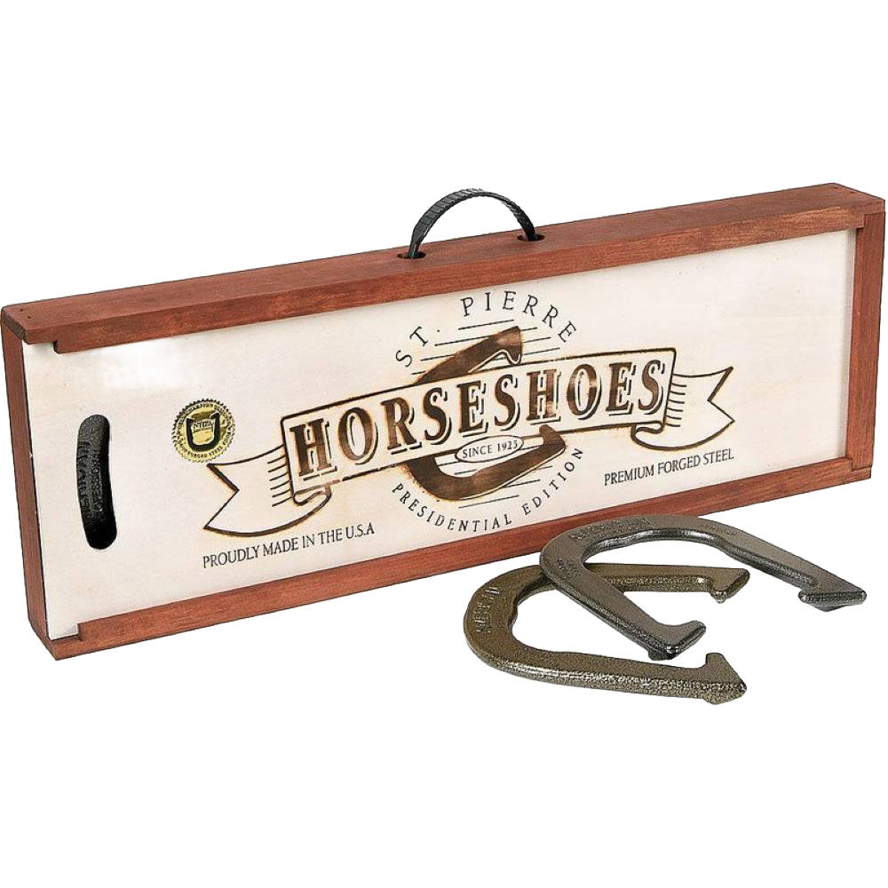 Wooden carrying case with branded lid and two premium forged steel horseshoes, designed for tossing games, made in USA and featured in Toys, Books & Games and Lawn Games collections.