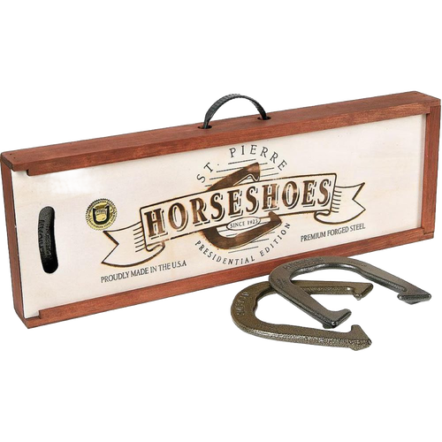 Wooden carrying case with branded lid and two premium forged steel horseshoes, designed for tossing games, made in USA and featured in Toys, Books & Games and Lawn Games collections.