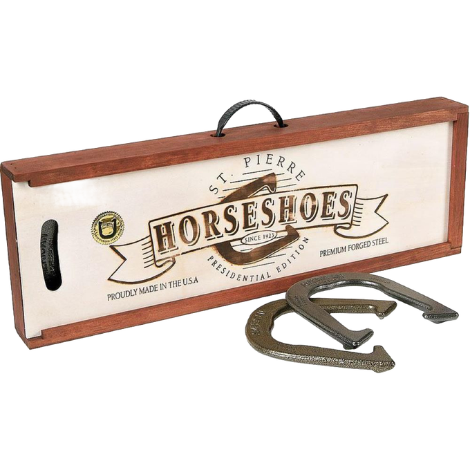 Wooden carrying case with branded lid and two premium forged steel horseshoes, designed for tossing games, made in USA and featured in Toys, Books & Games and Lawn Games collections.