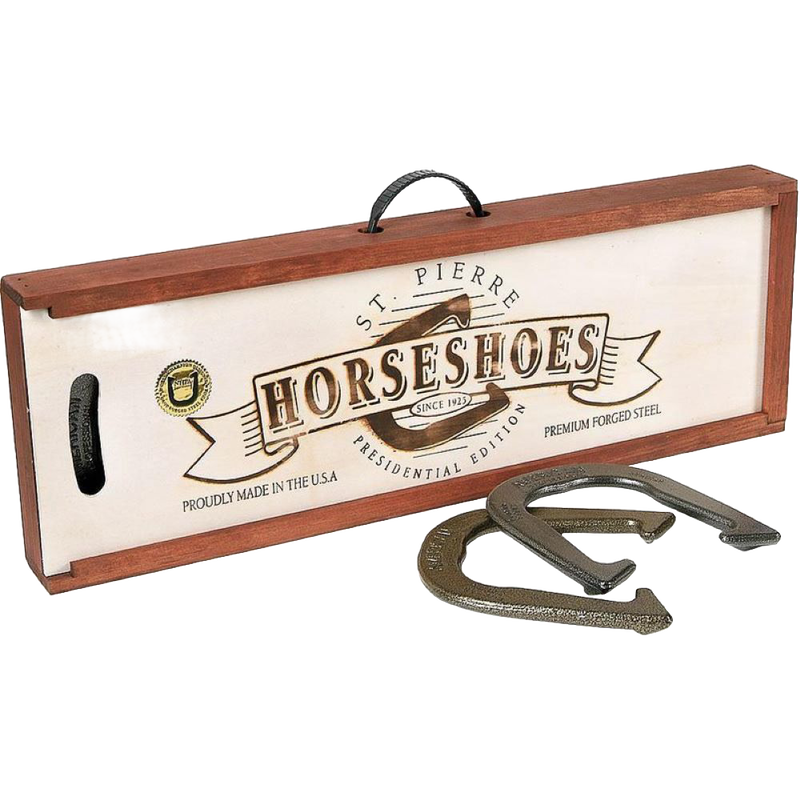 Wooden carrying case with branded lid and two premium forged steel horseshoes, designed for tossing games, made in USA and featured in Toys, Books & Games and Lawn Games collections.