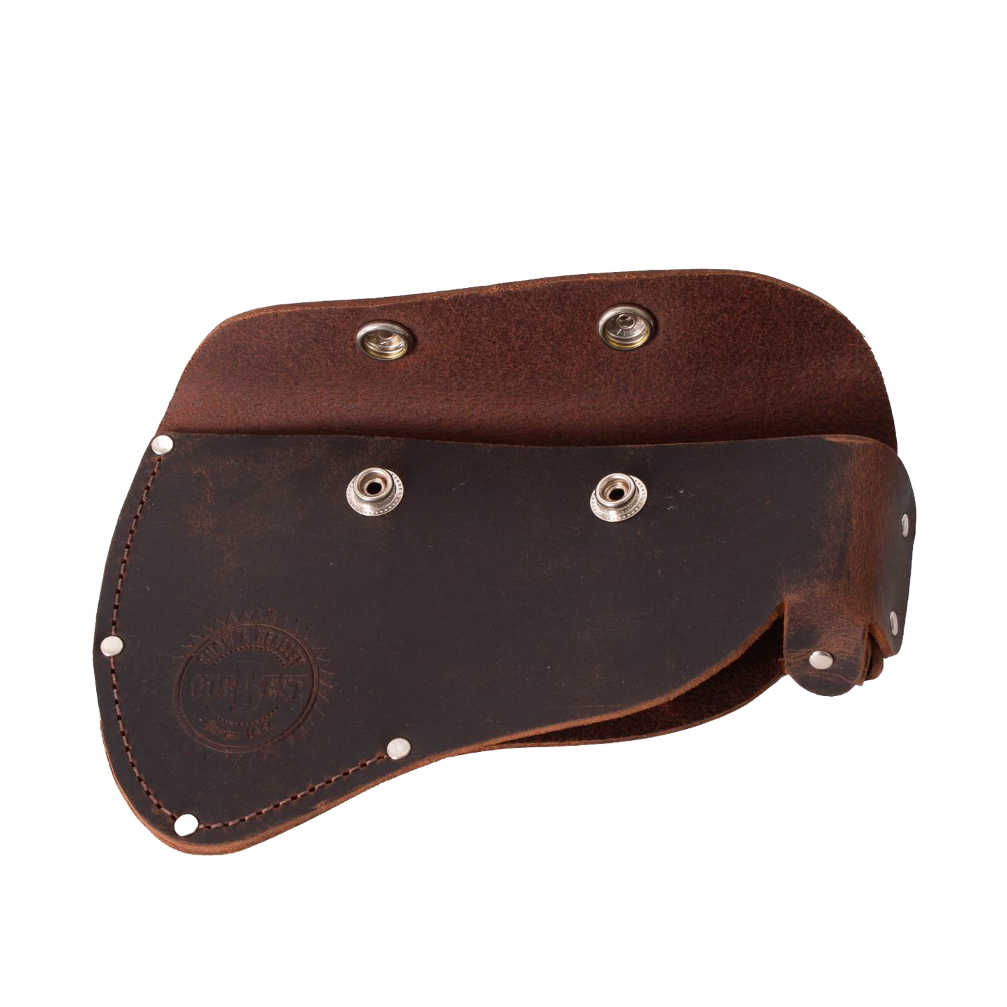 Handmade full-grain leather sheath with snap closures, designed to protect axe heads and attach to a belt; Amish made in USA, ideal for Farm, Garden & Tool and Knives & Axes collections.