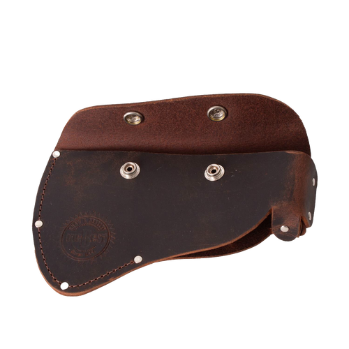 Handmade full-grain leather sheath with snap closures, designed to protect axe heads and attach to a belt; Amish made in USA, ideal for Farm, Garden & Tool and Knives & Axes collections.