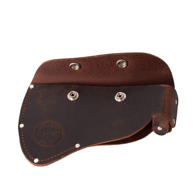 Handmade full-grain leather sheath with snap closures, designed to protect axe heads and attach to a belt; Amish made in USA, ideal for Farm, Garden & Tool and Knives & Axes collections.