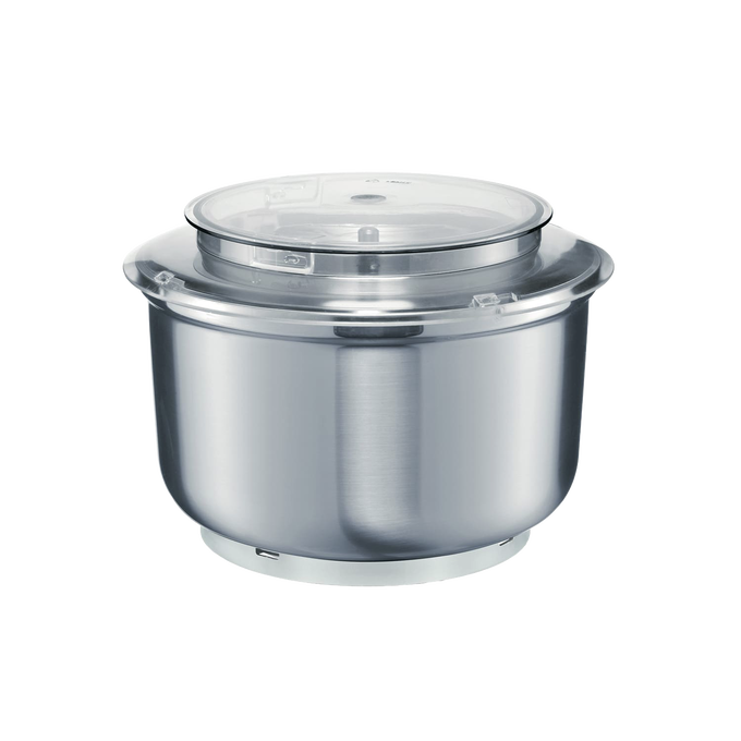 6.5-quart stainless steel mixing bowl with clear splash ring lid, compatible with Bosch Universal Plus and NutriMill mixers, ideal for Kitchen & Food and Baking Supplies collections.