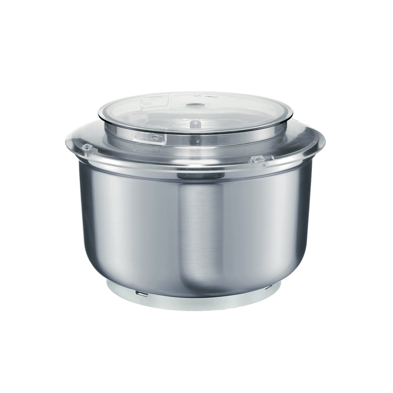 6.5-quart stainless steel mixing bowl with clear splash ring lid, compatible with Bosch Universal Plus and NutriMill mixers, ideal for Kitchen & Food and Baking Supplies collections.