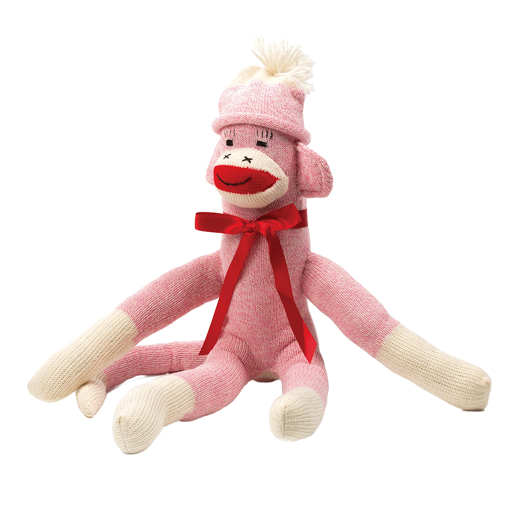 Handcrafted pink and cream knit sock monkey with a white pom-pom hat and red ribbon bow, made in USA, featured in Toys, Books & Games, USA Made, Children's Toys, Indoor Play, and Best Sellers collections.
