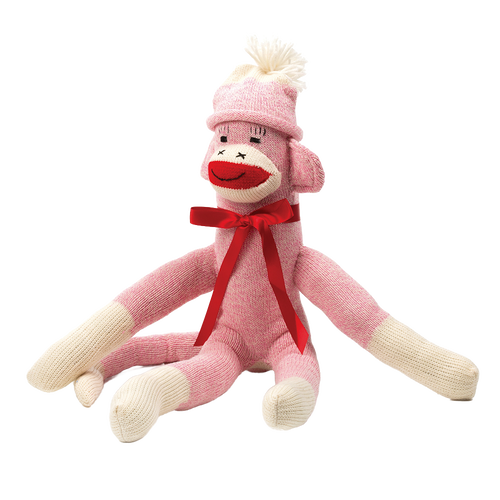 Handcrafted pink and cream knit sock monkey with a white pom-pom hat and red ribbon bow, made in USA, featured in Toys, Books & Games, USA Made, Children's Toys, Indoor Play, and Best Sellers collections.
