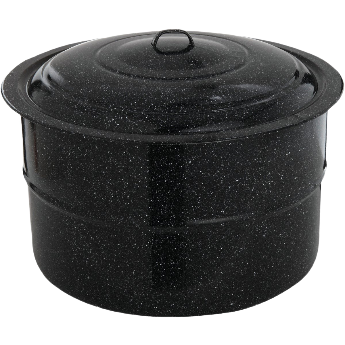 Large black speckled enamelware canner with tight-fitting lid and loop handle, suitable for water bath canning and cooking, featured in Kitchen & Food and Food Preservation collections.