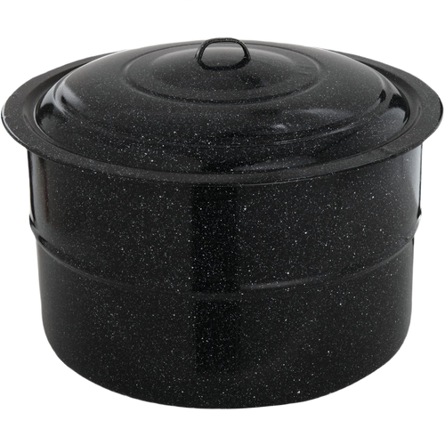 Large black speckled enamelware canner with tight-fitting lid and loop handle, suitable for water bath canning and cooking, featured in Kitchen & Food and Food Preservation collections.