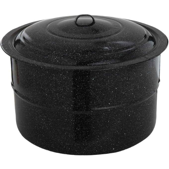 Large black speckled enamelware canner with tight-fitting lid and loop handle, suitable for water bath canning and cooking, featured in Kitchen & Food and Food Preservation collections.