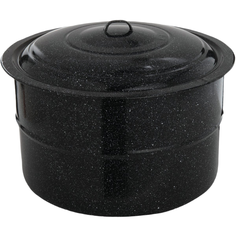 Large black speckled enamelware canner with tight-fitting lid and loop handle, suitable for water bath canning and cooking, featured in Kitchen & Food and Food Preservation collections.