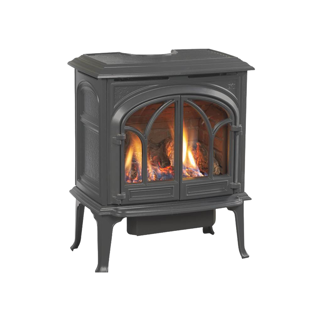 Handcrafted cast iron gas heat stove with an arched glass door showing realistic flames, designed for efficient heating in stoves and heatstoves collections.