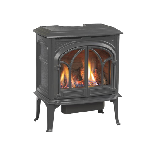 Handcrafted cast iron gas heat stove with an arched glass door showing realistic flames, designed for efficient heating in stoves and heatstoves collections.