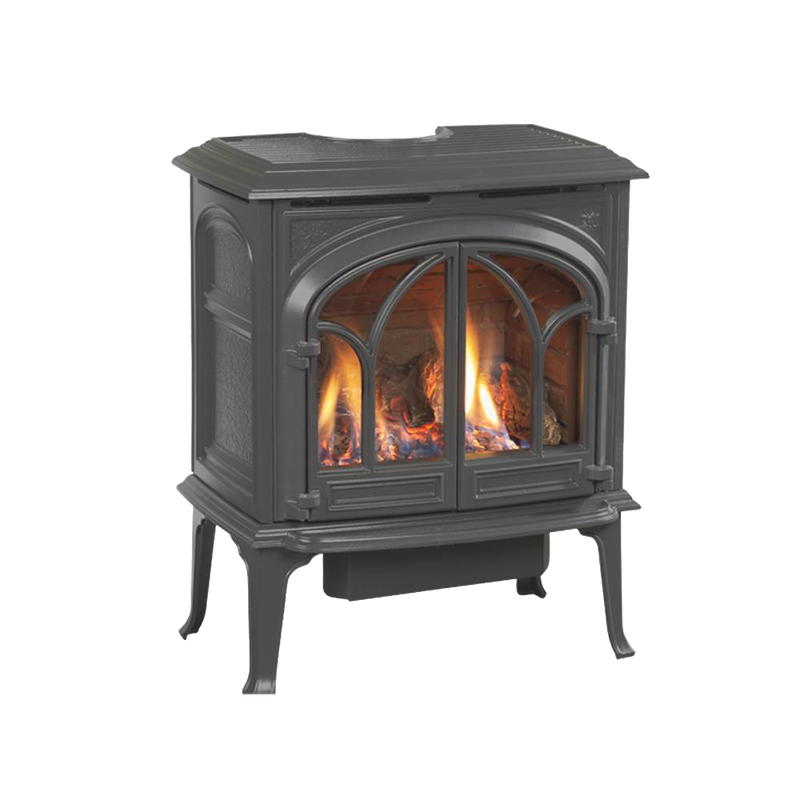 Handcrafted cast iron gas heat stove with an arched glass door showing realistic flames, designed for efficient heating in stoves and heatstoves collections.