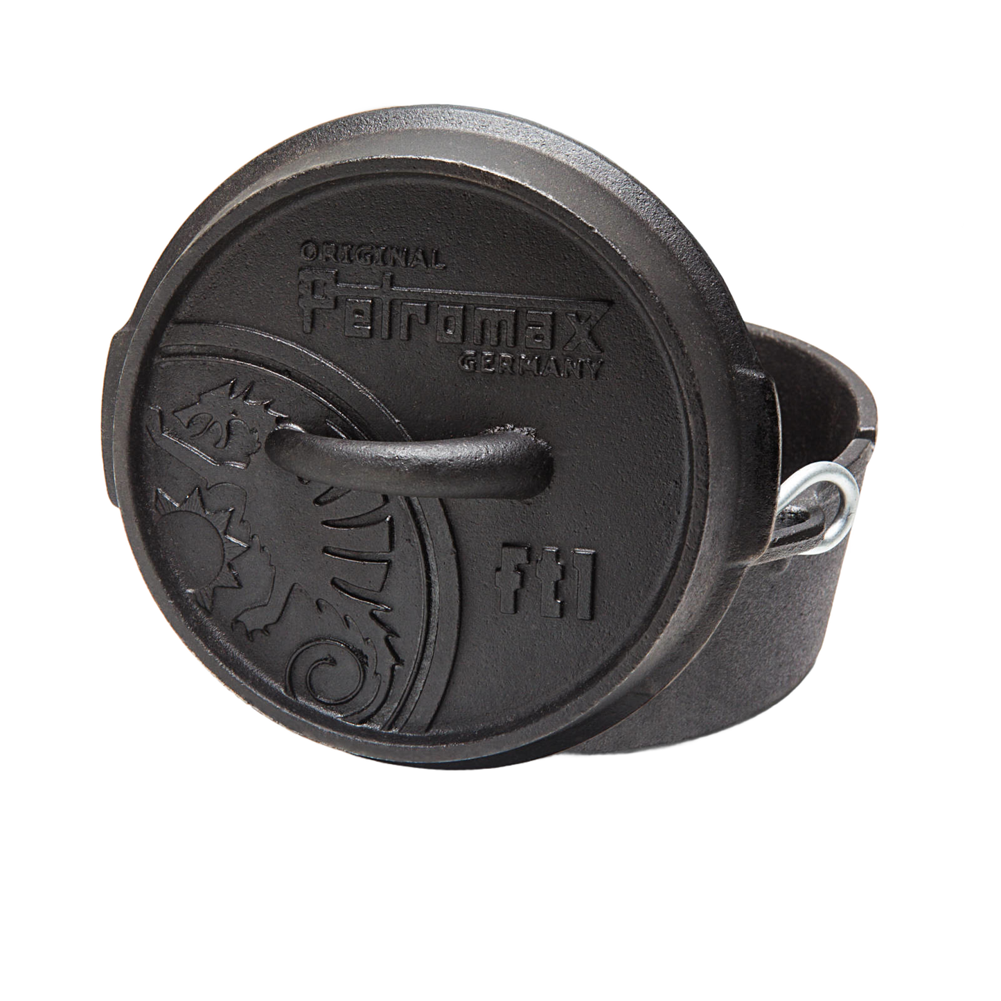 Black cast iron Dutch oven with flat base and embossed lid featuring a detailed dragon design and a sturdy handle, suitable for kitchen and outdoor use, included in Kitchen & Food, Cookware, Cast Iron, Best Sellers, and Promo Eligible collections.