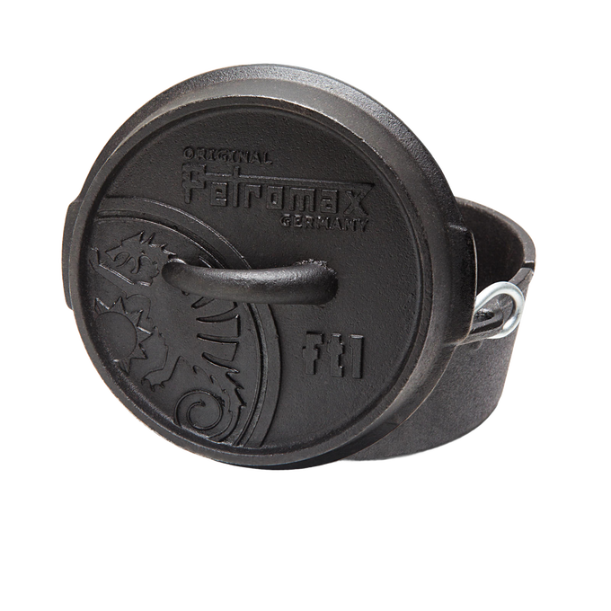 Black cast iron Dutch oven with flat base and embossed lid featuring a detailed dragon design and a sturdy handle, suitable for kitchen and outdoor use, included in Kitchen & Food, Cookware, Cast Iron, Best Sellers, and Promo Eligible collections.