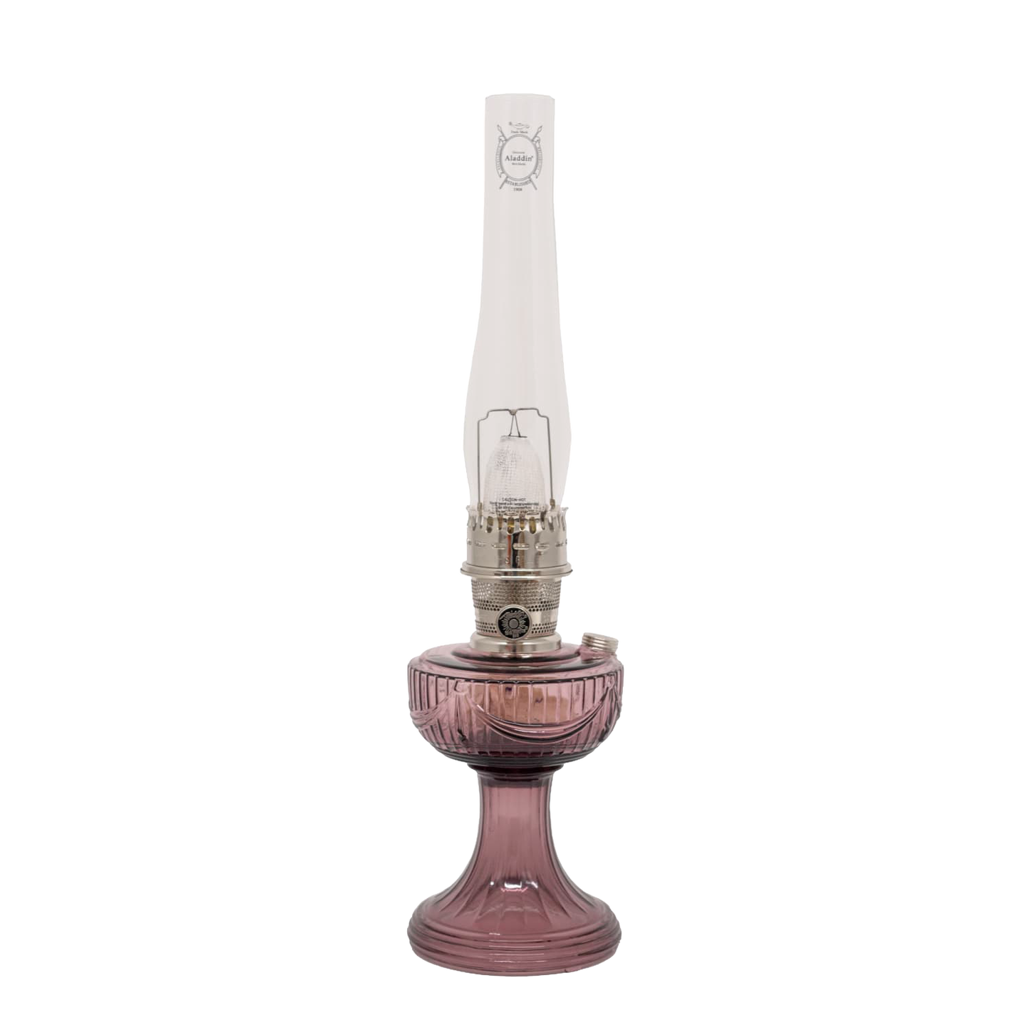 Antique-style oil lamp with rose-colored glass base and tall clear chimney, handcrafted and ideal for Farm, Garden & Tool, Lamps & Lighting, Oil Lamps, Table Lamps, Best Sellers, Homesteading, and Promo Eligible collections.