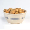 Handcrafted stoneware mixing bowl with blue stripe pattern, filled with small potatoes, ideal for Kitchen & Food, Cookware, Baking Supplies, Storage and Serving, USA Made collections.