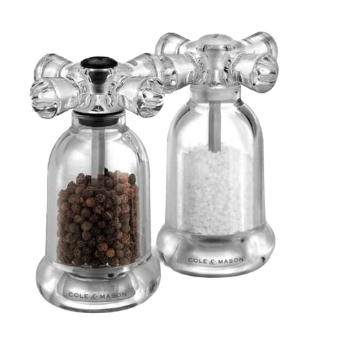 Pair of clear acrylic salt and pepper mills designed like vintage faucet handles, filled with coarse sea salt and fine black peppercorns, ideal for Kitchen & Food, Dinnerware, Storage and Serving, Best Sellers, Promo Eligible collections.