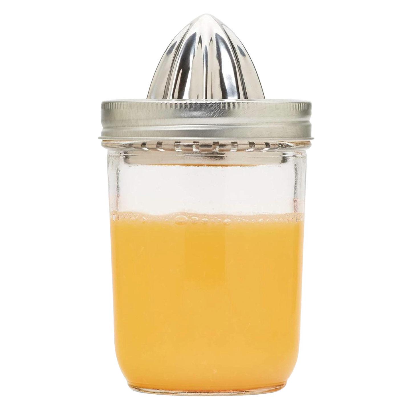 Sturdy stainless steel citrus juicer lid securely fitting a wide mouth jar filled with fresh juice, featured in Kitchen & Food, Juicers and Steamers, and Kitchen Gadgets collections.
