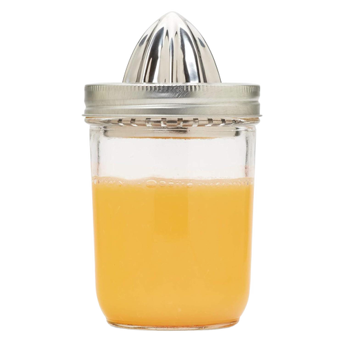 Sturdy stainless steel citrus juicer lid securely fitting a wide mouth jar filled with fresh juice, featured in Kitchen & Food, Juicers and Steamers, and Kitchen Gadgets collections.