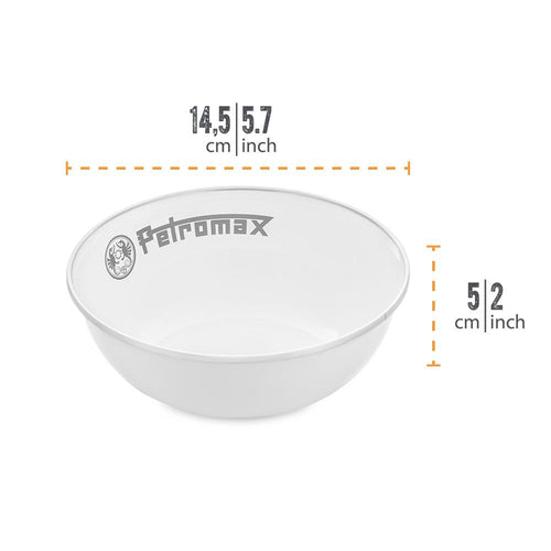 White enamel bowl with a subtle black logo, measuring approximately 14.5 cm diameter and 5 cm height, sturdy and lightweight for camping, kitchen, and outdoor use in Farm, Garden & Tool, Kitchen & Food, Camping, Dinnerware, Best Sellers, and Promo Eligible collections.