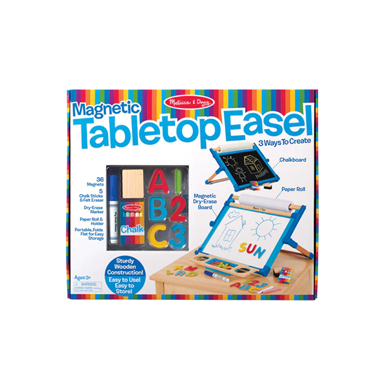 Handcrafted magnetic tabletop easel for children featuring a dry-erase board with colorful alphabet magnets, chalkboard, paper roll, chalk sticks, and eraser, ideal for creative play in Toys, Books & Games, Children's Toys, Arts and Crafts, Best Sellers, and Promo Eligible collections.