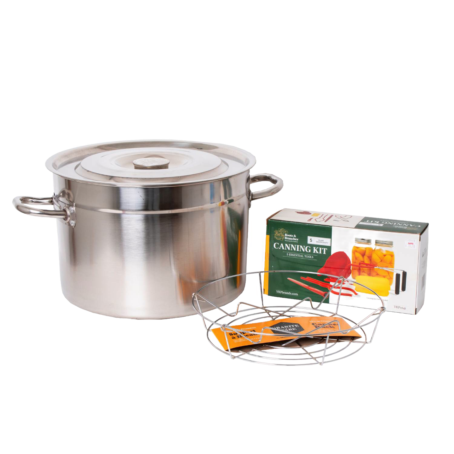 Stainless steel water bath canner set with lid, wire rack, and starter canning kit box, designed for preserving jams and pickles in Kitchen & Food and Food Preservation collections.
